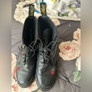 Dr. Martens Black Boots with Red Floral Embroidery